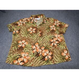 Susan Graver Style Tropical Button-Up Shirt Plus‎ Size 2X Floral Animial Print